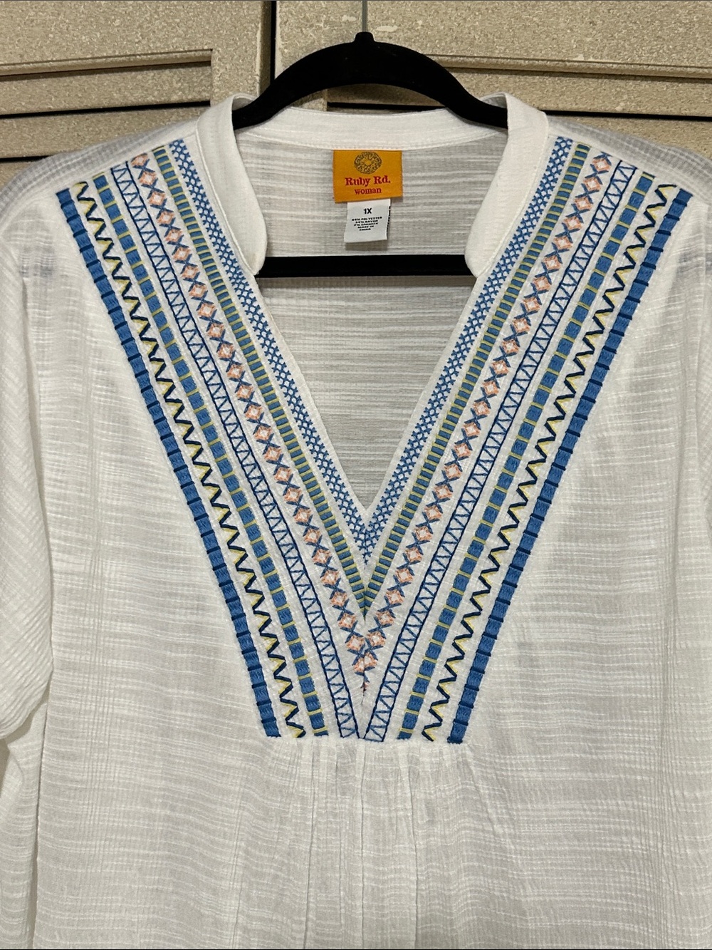 Ruby Rd. White Tunic with Blue Embroidered V-Neck - Picture 6 of 9